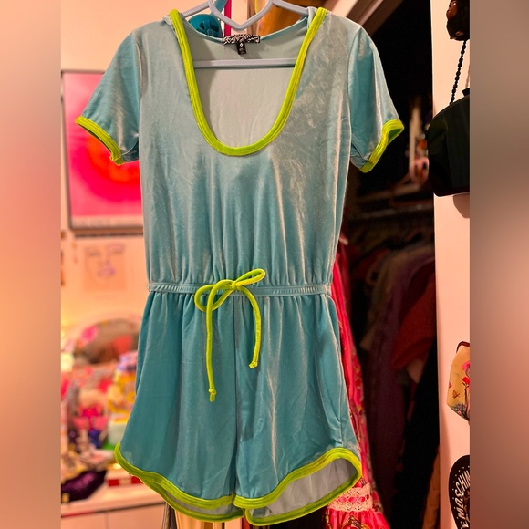 Dolls Kill Pants - Sky Fun Hooded Soft Velour Short Sleeve Romper (S) Dolls Kill Velvet 1PC Hoodie
